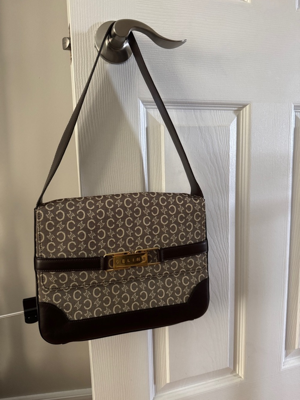 Celine Brown Monogram Canvas Shoulder Bag with Gold Hardware
